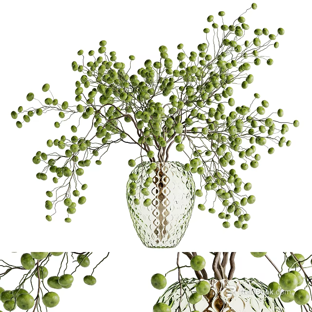 Transparent Glass Vase With Diamond Pattern Featuring Green Leafy Branches And Round Buds 3d model 