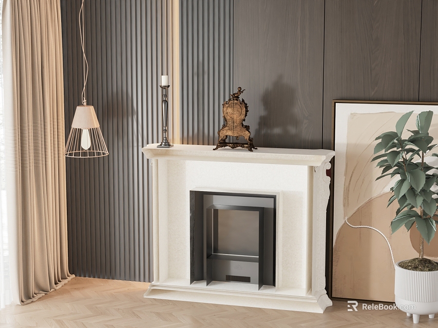 Marble Mantel Black Insert Fireplace With Wooden Wall Hanging Lamp Green Plant Framed Painting 3d model 
