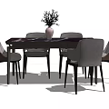 Modern Dining Table Set With Dark Wood Tabletop Gray Brown Chairs And Vase Flowers Centerpiece