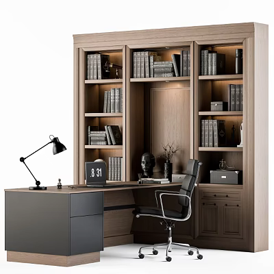 Modern Wooden Desk Setup With Built-in Bookshelf Stacked Books Desk Lamp And Ergonomic Chair 3d model