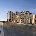 Modern Commercial Street Scene With Tall Buildings Cars Trees And Gateway