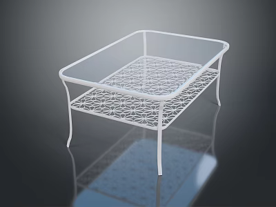 Minimalist Dining Table With White Metal Frame And Transparent Glass Top Featuring Intricate Cutout Pattern 3d model