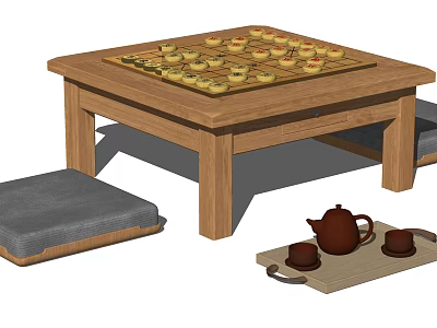 Wooden Entertainment Table with Chessboard and Pieces and Gray Cushions Tea Tray Teapot and Cups 3d model