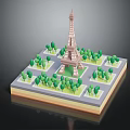 Miniature Eiffel Tower Model Surrounded By Green Trees On Square Platform 3d model