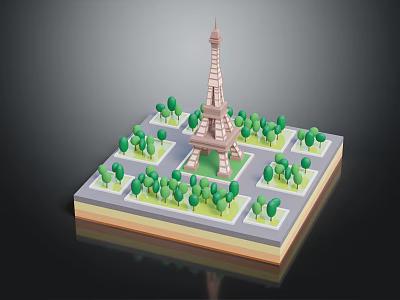 Miniature Eiffel Tower Model Surrounded By Green Trees On Square Platform 3d model