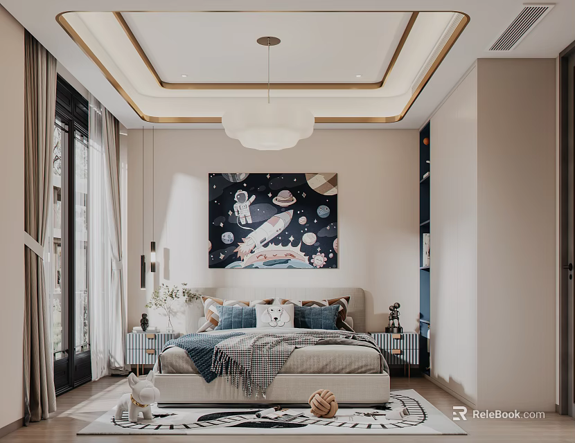Cozy Kids Bedroom Interior Design With Starry Sky Art Bed Rail And Pendant Lamp 3d model 