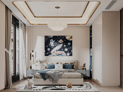Cozy Kids Bedroom Interior Design With Starry Sky Art Bed Rail And Pendant Lamp 3d model
