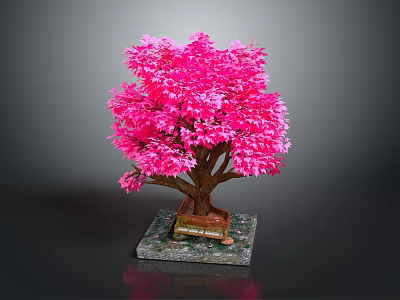 Ornamental Pink Tree with Lush Pink Leaves Brown Trunk on Square Decorative Base 3d model