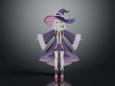 Magic Themed Game And Movie Character With Purple Wizard Hat Light Hair And Pink Shoes 3d model