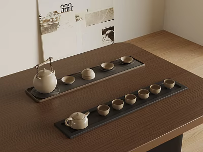 Traditional Tea Set With Black Trays Teapot And Small Teacups On Wooden Table 3d model
