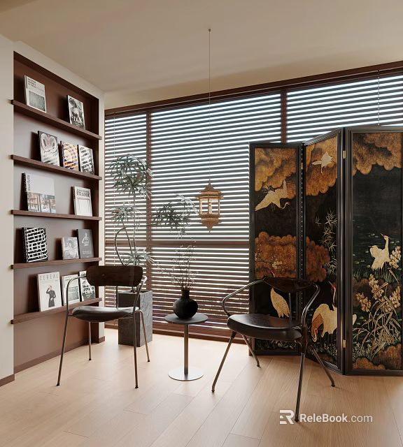 Elegant Oriental Leisure Chair Interior With Wooden Bookshelf Crane Screen Lantern And Blinds 3d model 