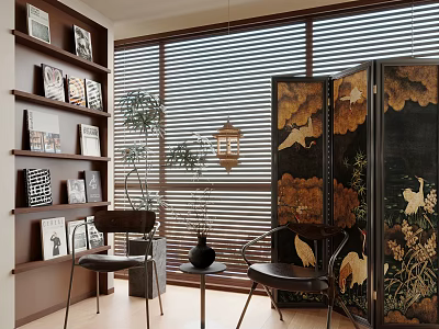 Elegant Oriental Leisure Chair Interior With Wooden Bookshelf Crane Screen Lantern And Blinds 3d model