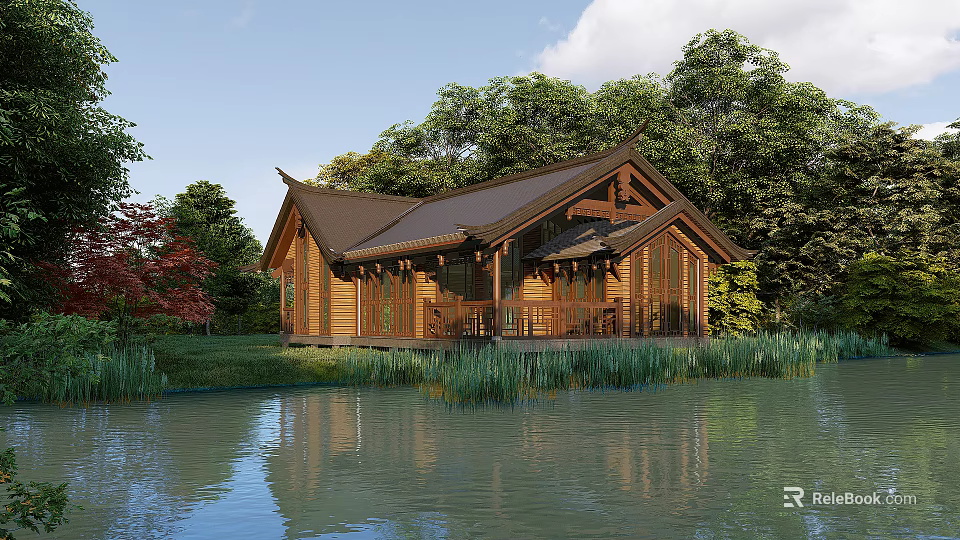 Traditional Wooden House with Sloped Roof in Natural Setting by Water and Trees 3d model 