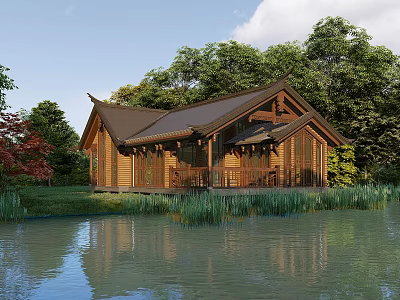 Traditional Wooden House with Sloped Roof in Natural Setting by Water and Trees 3d model