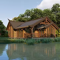 Traditional Wooden House with Sloped Roof in Natural Setting by Water and Trees