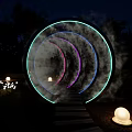 Nighttime Photo Check-in Spot Featuring Circular Glowing Rings Smoke Pathway And Spherical Lights