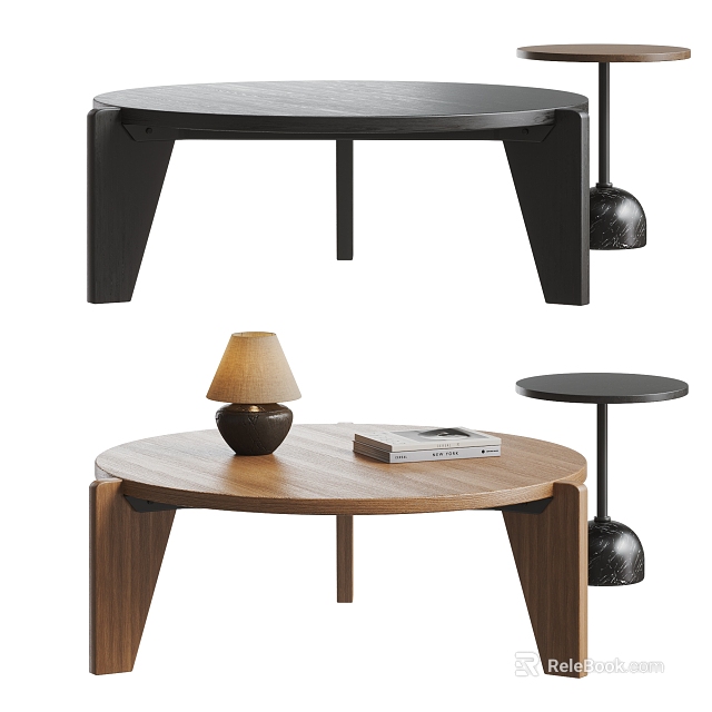 Modern Wooden And Black Coffee Table Design With Lamp Book And Side Table 3d model 