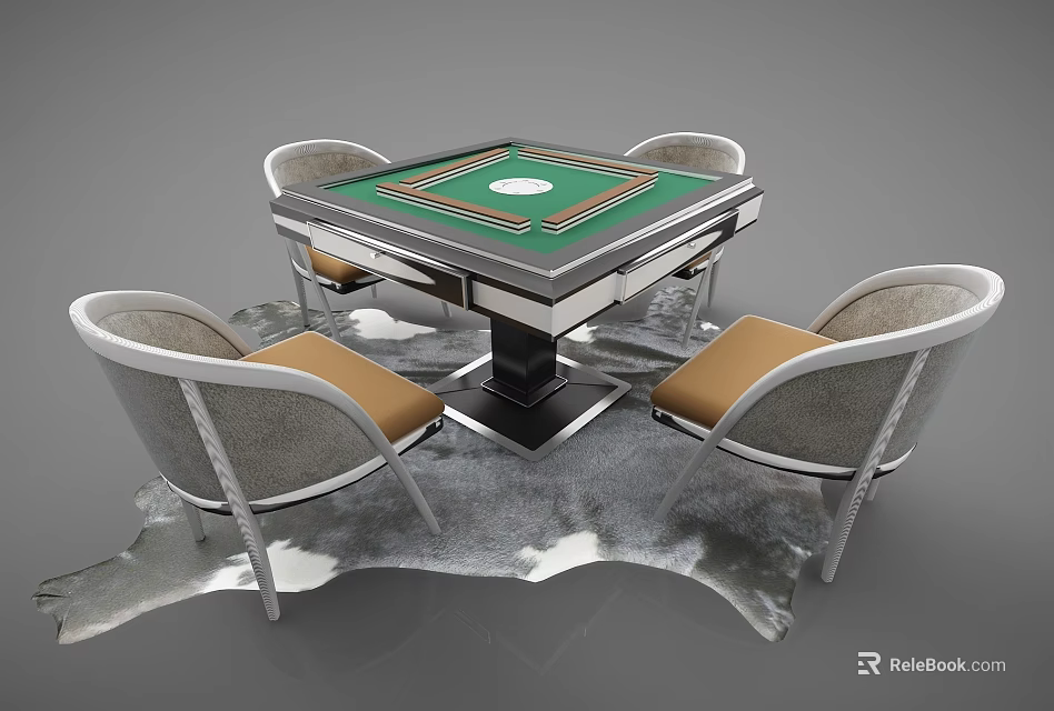 Elegant Entertainment Table with Green Felt Top Circular Center and Four Gray Brown Chairs 3d model 