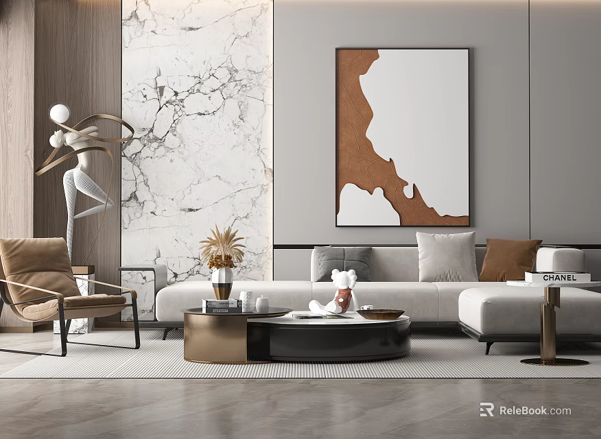 Modern Living Room Sofa and Coffee Table Set with Marble Wall Artwork and Potted Plant 3d model 