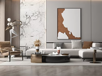Modern Living Room Sofa and Coffee Table Set with Marble Wall Artwork and Potted Plant 3d model