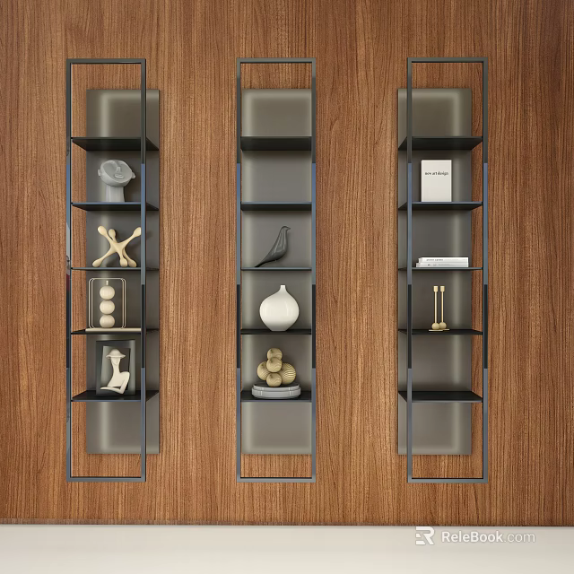 Modern Display Shelves on Wooden Wall With Decorative Ornaments Books And Sculptures 3d model 