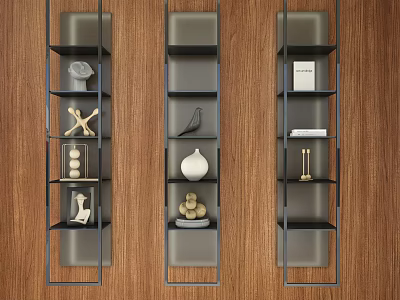 Modern Display Shelves on Wooden Wall With Decorative Ornaments Books And Sculptures 3d model