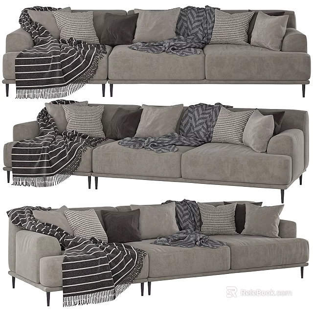 Modern Gray Sofa Set With Metal Legs Patterned Pillows And Striped Blankets 3d model