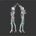 Game Movie Female Character In Teal Outfit Holding Rifles With Helmet And High Heels