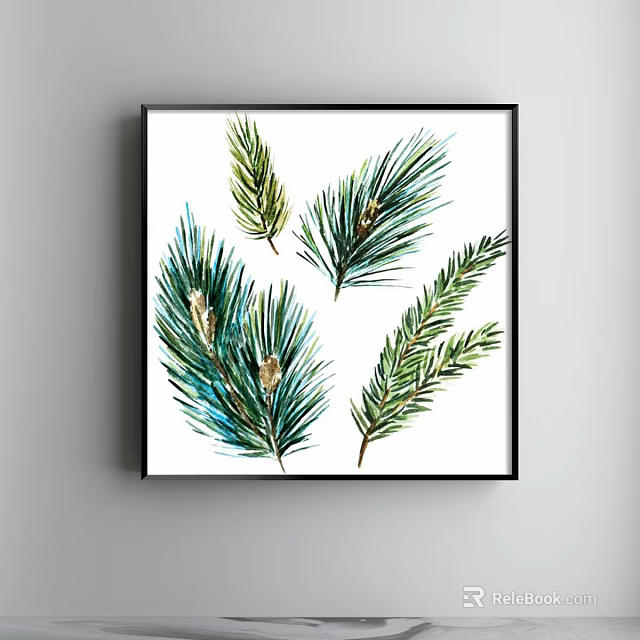 Watercolor Plant Painting with Pine Needles and Pine Cones in Black Frame on White Background 3d model 