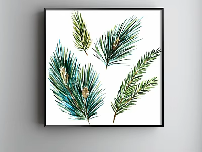 Watercolor Plant Painting with Pine Needles and Pine Cones in Black Frame on White Background 3d model