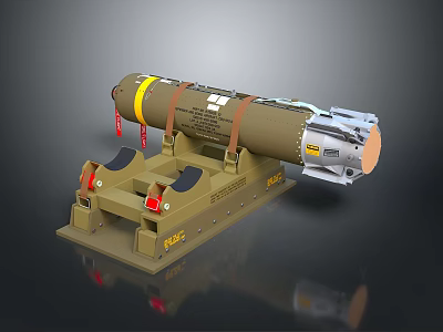 Military Bomb With Yellow Stripe On Support Stand And Technical Label 3d model