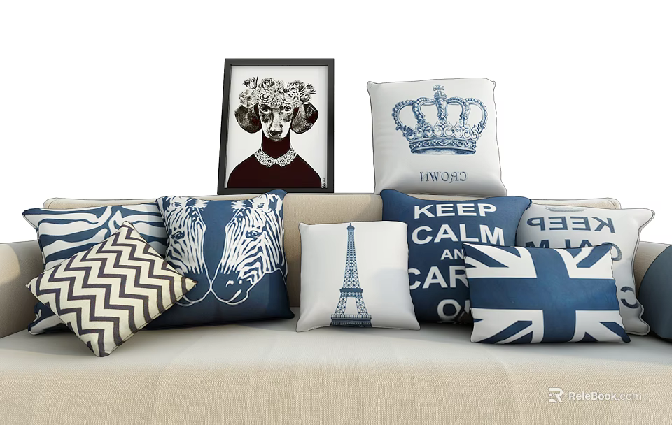 Blue And White Throw Pillows With Crown Eiffel Tower Zebra Print And Keep Calm Design 3d model