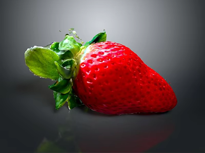 Juicy Fresh Red Strawberry With Green Leaves On Dark Reflective Surface 3d model