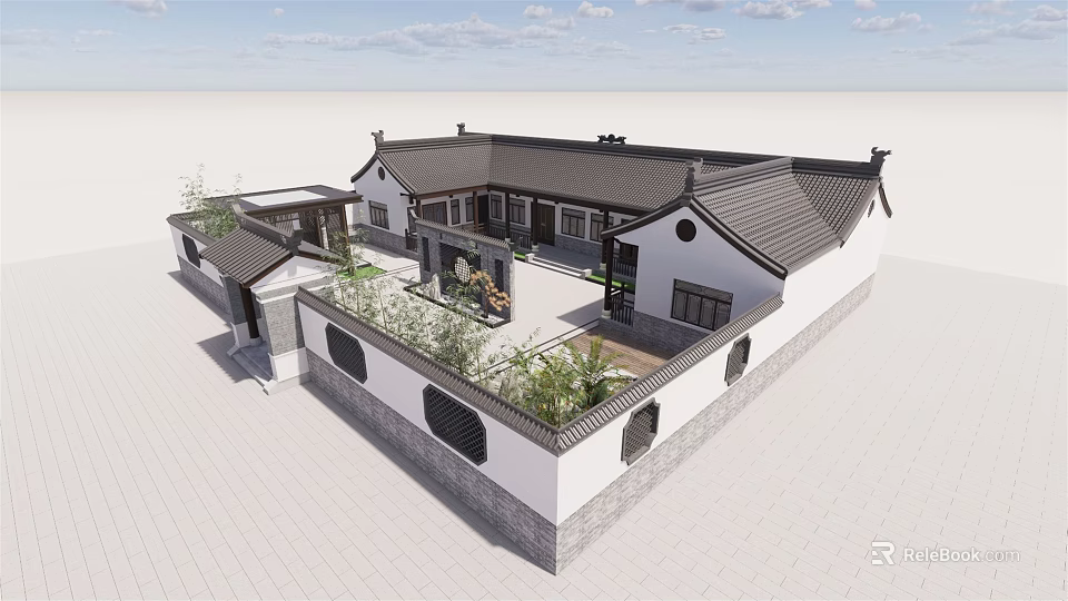 Traditional Chinese Ancient Building Siheyuan Courtyard With White Walls Black Tiles And Garden Plants 3d model 