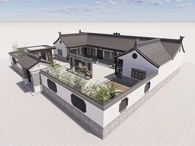 Traditional Chinese Ancient Building Siheyuan Courtyard With White Walls Black Tiles And Garden Plants 3d model