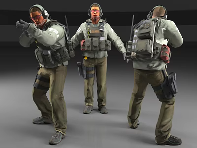 Tactical Man Character Wearing Gear Headphones And Equipment From Different Angles 3d model