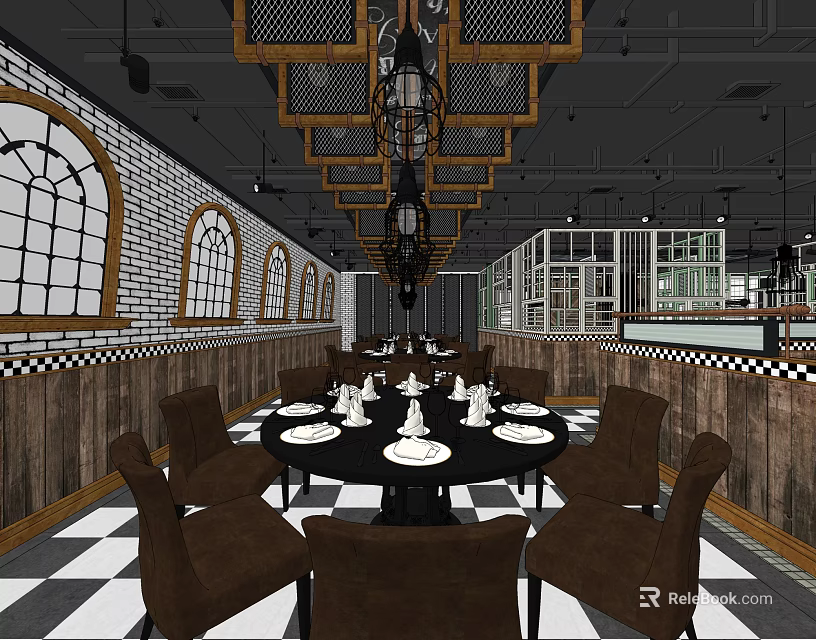 Classic Restaurant Interior With Checkerboard Floor Wooden Walls Arched Windows Black Tables Brown Chairs Chandeliers 3d model 