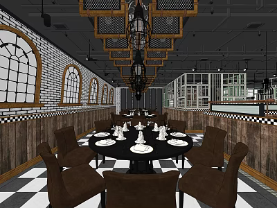 Classic Restaurant Interior With Checkerboard Floor Wooden Walls Arched Windows Black Tables Brown Chairs Chandeliers 3d model