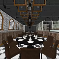 Classic Restaurant Interior With Checkerboard Floor Wooden Walls Arched Windows Black Tables Brown Chairs Chandeliers