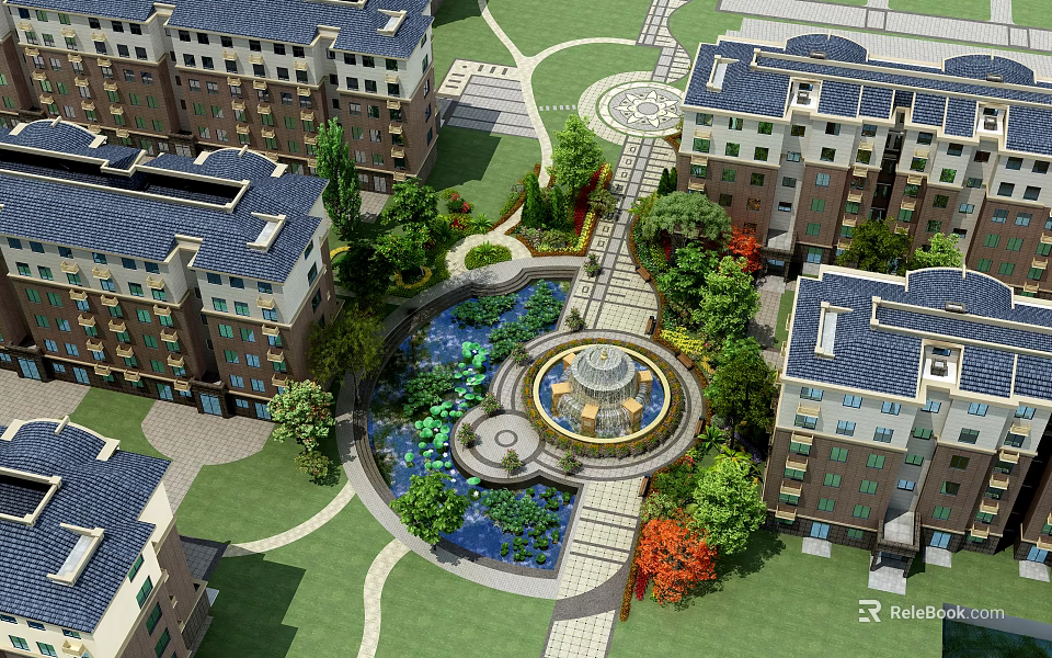 Residential Garden Landscape With Central Fountain Pond Greenery Pathways And Surrounding Buildings 3d model 