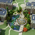 Residential Garden Landscape With Central Fountain Pond Greenery Pathways And Surrounding Buildings