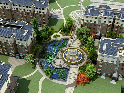 Residential Garden Landscape With Central Fountain Pond Greenery Pathways And Surrounding Buildings 3d model
