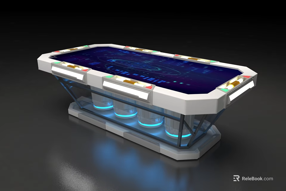 Futuristic Tech Table With Blue Glowing Elements And Transparent Base Design 3d model