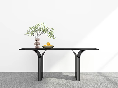 Modern Black Dining Table With Green Plant Vase And Fruit Bowl Unique Curved Legs Design 3d model