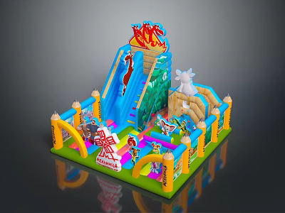Colorful Inflatable Play Structure With Slide Climbing Area And Cartoon Characters Design 3d model