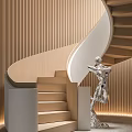 Modern Spiral Staircase Design With Wooden Steps Metal Sculpture And Ambient Lighting