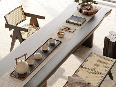 Natural Wooden Tea Table and Chairs with Woven Seats and Tea Set Tray 3d model