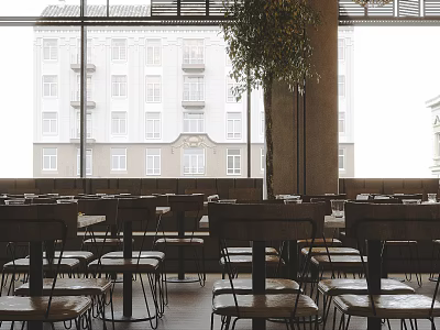 Cozy Restaurant Interior With Wooden Tables Chairs Large Windows Building View And Green Plant 3d model