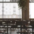 Cozy Restaurant Interior With Wooden Tables Chairs Large Windows Building View And Green Plant