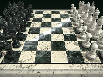 Classic Chess Set With Marble Checkerboard And Black White Pieces 3d model